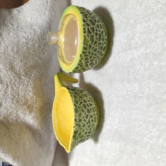 Holt Howard Vintage 1960 Ceramic Cantelope Creamer & Sugar Set w/Plastic Lid - Picture 1 of 7
